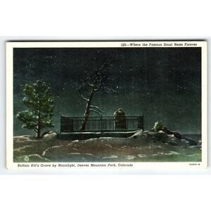 Buffalo Bill Grave By Moonlight Postcard Denver Colorado Vintage Original Linen